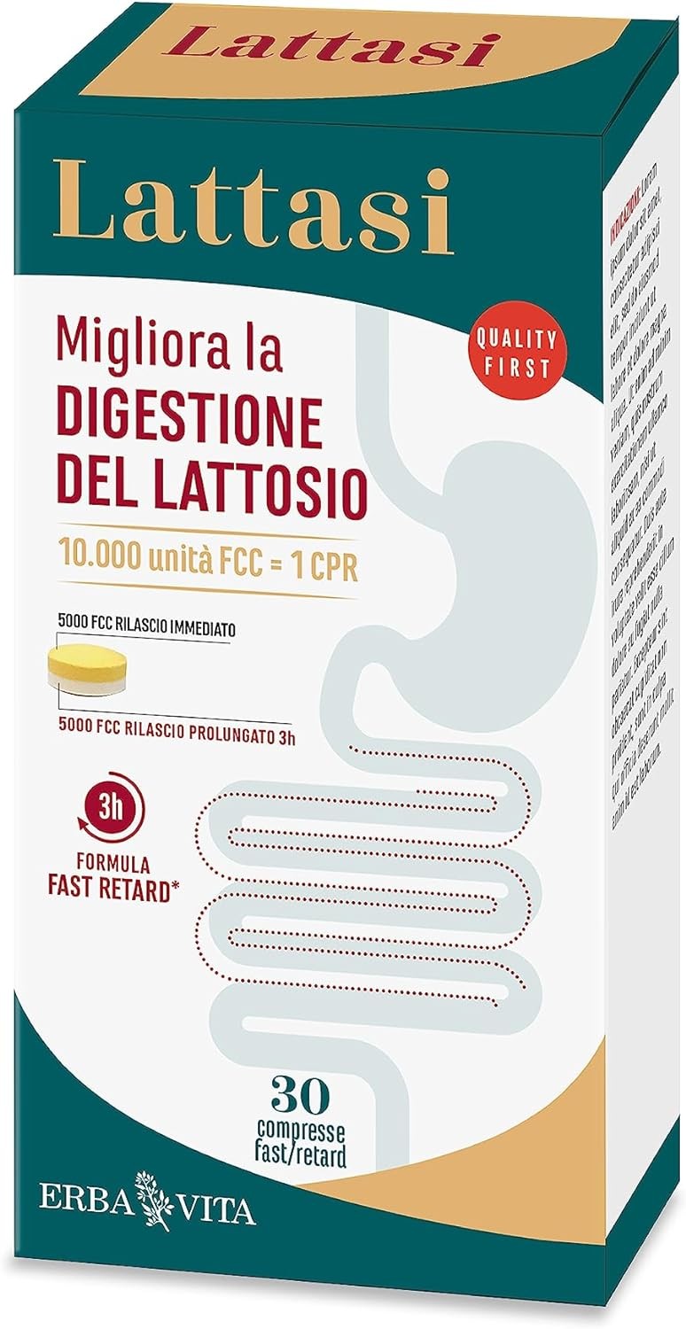 ERBA VITA Lattasi integratore alimentare con enzima lattasi, utile per migliorare e ottimizzare la digestione del lattosio in ca