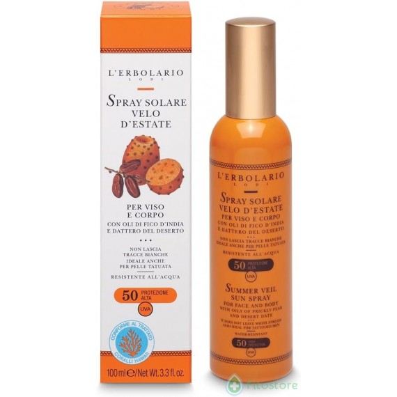 L'Erbolario Spray Solare Velo d'Estate SPF 50 per Viso e Corpo, Protezione Alta, Azione Disarrossante, Resistente all'Acqua, Ide