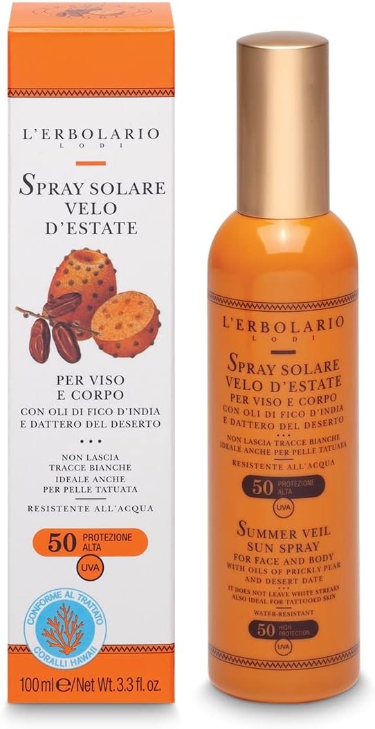 L'Erbolario Spray Solare Velo d'Estate SPF 50 per Viso e Corpo, Protezione Alta, Azione Disarrossante, Resistente all'Acqua, Ide
