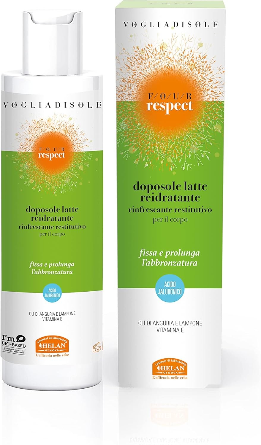 Helan, Vogliadisole Respect - Crema Doposole Corpo Idratante Profumata con Acido Ialuronico, Vitamina E, Olio di Anguria e Lampo
