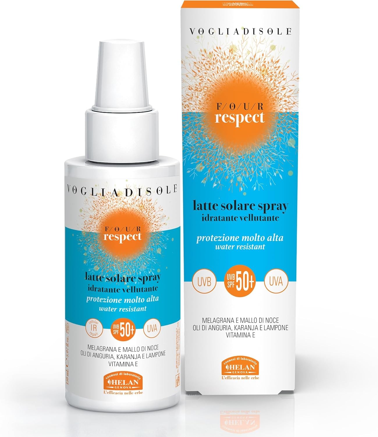 Helan, Vogliadisole Respect - Crema Solare 50+ Spray, Alta Protezione Solare 50+ contro Eritemi e Scottature, Crema Corpo Profum